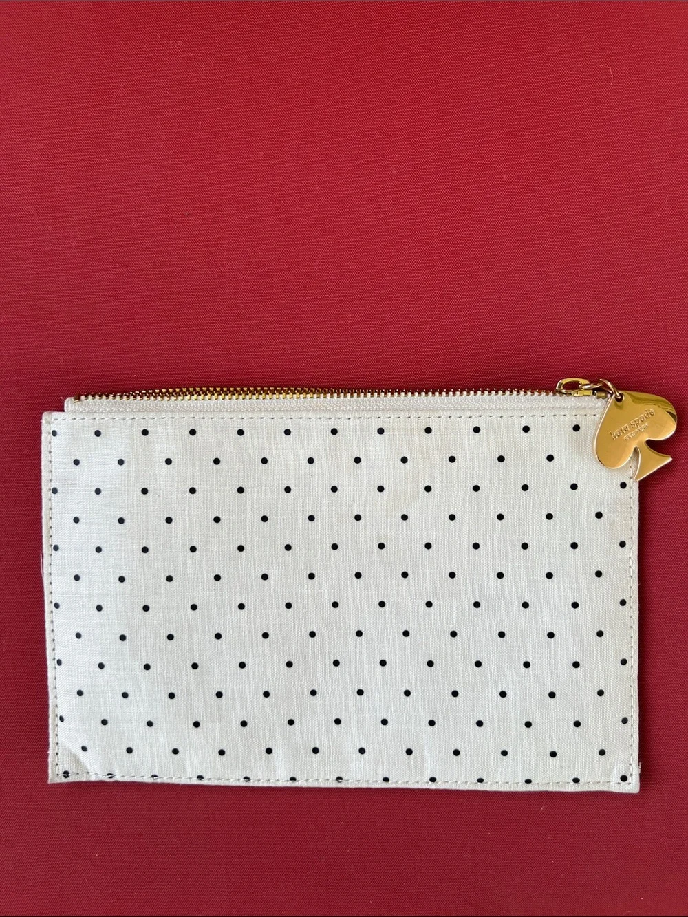 kate spade Cream and Black Polka Dot Zip Pouch with Gold Spade Charm